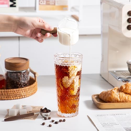 YUN TAO 16 oz Glass Cups with Lids and Straws, Set of 4 Clear Embossed