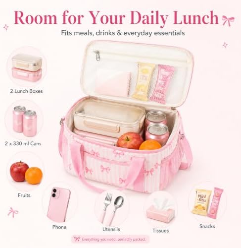 BTOOP Insulated Lunch Bag, Medium 9L, Pink Bow Strips