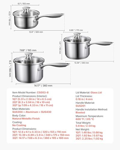 VEVOR Stainless Steel Saucepan Set, 1 QT & 2 QT & 3 QT Saucepans with Glass Lids, Multipurpose Nonstick Stainless Steel Sauce Pot with Ergonomic Handle, Friendly for Oven, Dishwasher, Induction Cooker