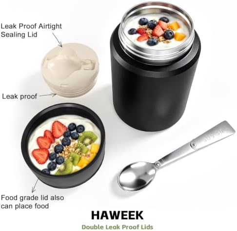 16oz Insulated Food Jar with Spoon, Stainless Steel, Black