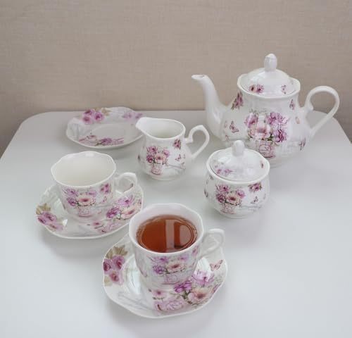 Guangyang 15-PCS Porcelain Tea Cup set for Adult,Purple Fancy Floral