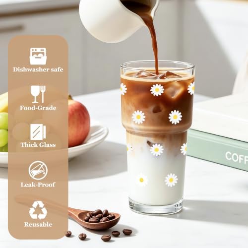 Cute Glass Cups with Lid and Straws, 20oz, Reusable Iced Coffee Cup