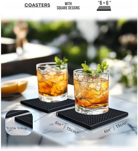 Silicone Coasters Set - 6 Pack - 6 Inch Square Drink Coasters for