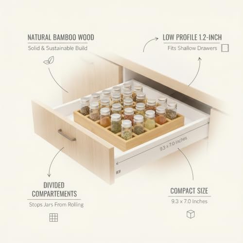 Bamboo Spice Organizer Rack, Compact Drawer Divider Tray for Kitchen