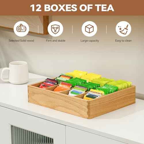 KIRIGEN Wooden Tea Bag Organizer for Drawer, 12 Compartments, Natural