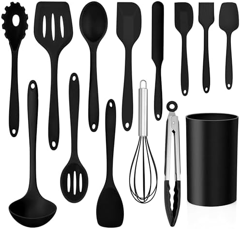 LIANYU 14 Pcs Black Silicone Kitchen Utensils Set