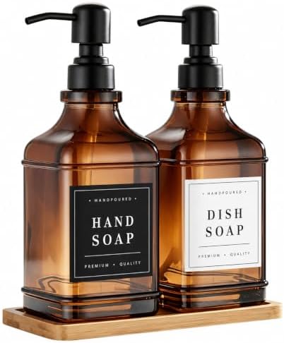 Amber Glass Soap Dispesner Set 2 16.9oz Kitchen Sink Luxury Bathroom