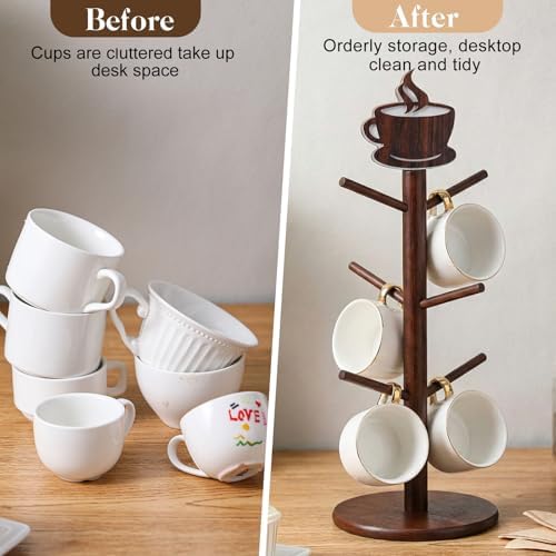 Geelin Coffee Mug Tree with 6 Hooks Holder, Wood Cup Organizer for