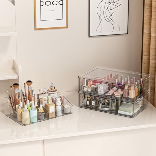 Clear Stackable Makeup Organizer with Drawer, 12''W Acrylic Storage