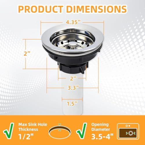 Kitchen Sink Drain Assembly, 3-1/2 Inch Basket Strainer
