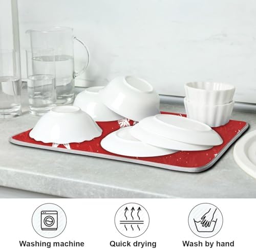 OTVEE Red Snowflake Display Dish Drying Mat for Kitchen Counter