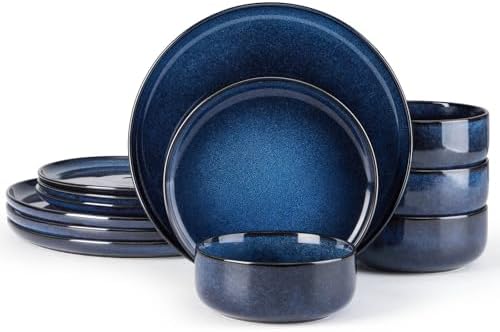 E-far Dinnerware Sets for 4, 12-Piece Stoneware Plates and Bowls Set