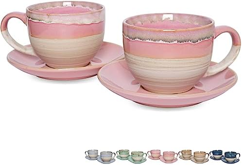 Bosmarlin Ceramic Cappuccino Cup and Saucer Set of 2, 10 Oz, Coffee