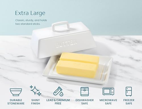 Kook Ceramic Butter Dish with Lid, Extra Large, Wide, Serving Tray