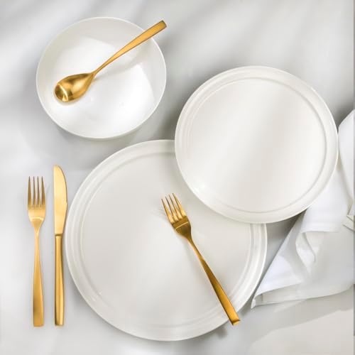 Lafayette St. Fine Bone China 12 Piece Dinnerware Set, Service For 4; Elegant Lightweight Ivory White Plates & Bowls with a Gloss Finish; Microwave & Dishwasher Safe