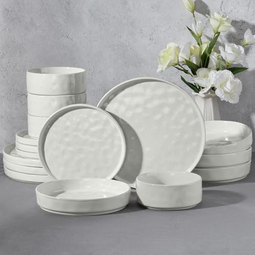 E-far Stoneware Dinnerware Set, 16-Piece White Plates and Bowls Sets