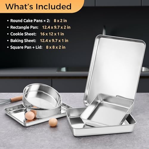 E-far Stainless Steel Baking Pan Set, 6-Piece Metal Bakeware Sets