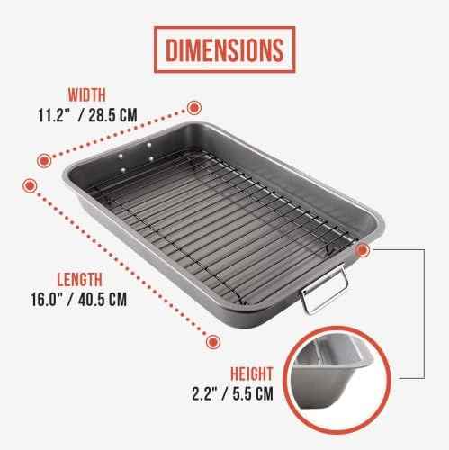 Chef Pomodoro Nonstick Carbon Steel Large Roasting Pan with Rack, Turkey Roasting Pans for Oven, Roaster Pan with Flat Rack, Turkey Pan for Oven, Bakeware Grey