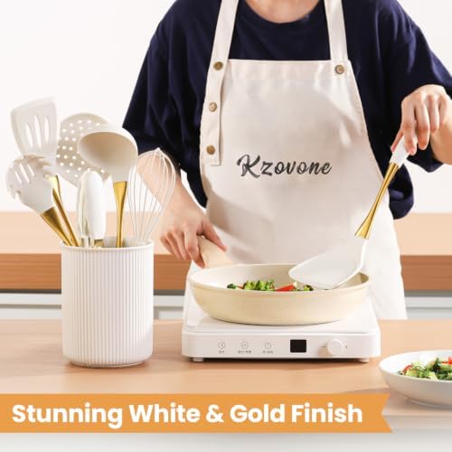 7 Pcs Silicone Spatula Cooking Utensils Set, White Gold