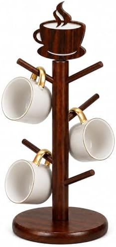 Geelin Coffee Mug Tree with 6 Hooks Holder, Wood Cup Organizer for
