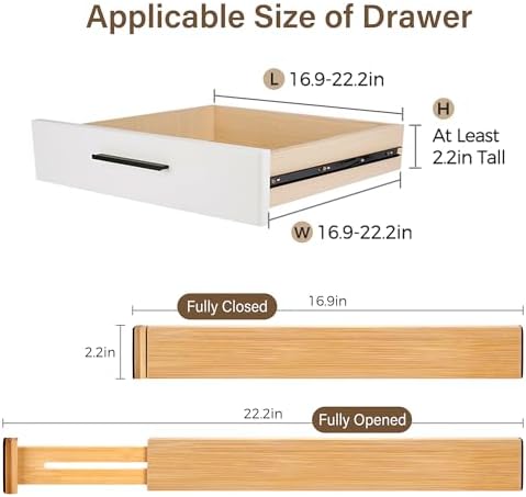 Adjustable Bamboo Drawer Dividers of 4, Expandable Organizers (16.9"-22.2")