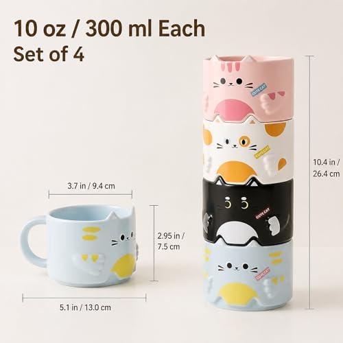 Stackable Cat Mug Set of 4, 10 oz Ceramic Coffee and Tea Cups, Cute