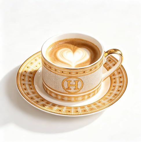 Gold Mosaic H Ceramic Coffee Cup & Saucer Set, 8 OZ Luxury European