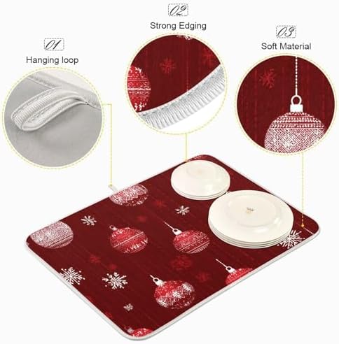 OTVEE Red Winter Ornament Art Dish Drying Mat for Kitchen Counter