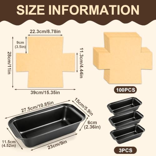 3 Pack Nonstick Loaf Pan Set with 100 Parchment Liners