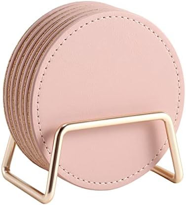 CASEGRACE Drink Coasters with Metal Holder Stand Set of 6, PU Leather