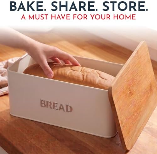 Bread Box for Kitchen Countertop, Homemade Bread - Bamboo Cutting Board Lid
