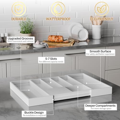 Bamboo Kitchen Silverware Drawer Organizer - Expandable Wood Utensil Holder with Dividers, Luxury Cutlery Storage Tray for Kitchen Utensil and Flatware (5-7 Slots with Removable Knife Block, (White)