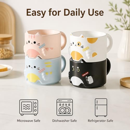 Stackable Cat Mug Set of 4, 10 oz Ceramic Coffee and Tea Cups, Cute