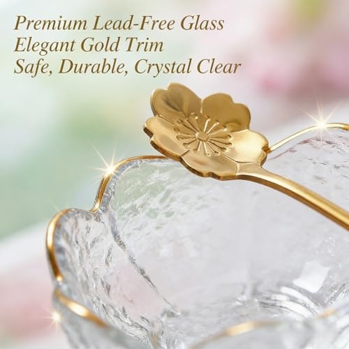 3.3“ Small Sakura Dipping Bowls Set with Gold Spoons,Clear Glass Sauce