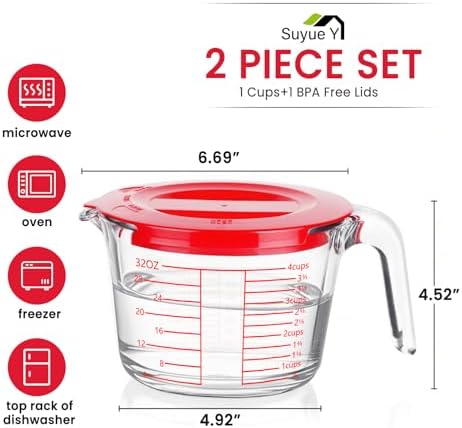 Measuring Cup 4 Cup/1000ML Glass liquid Measuring Cups with Lids