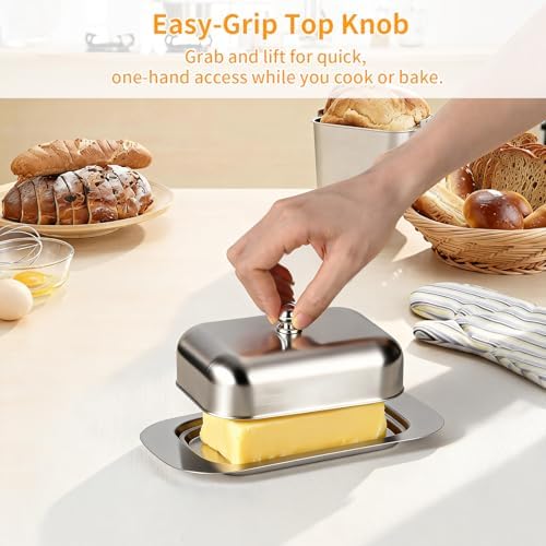 Stainless Steel Butter Dish with Lid and Handle, 7.5" x 5", Fits 2