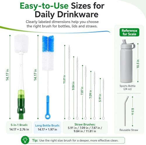 5-in-1 Water Bottle Cleaner Brush Set - 7 Pack, 14.17" Long Narrow