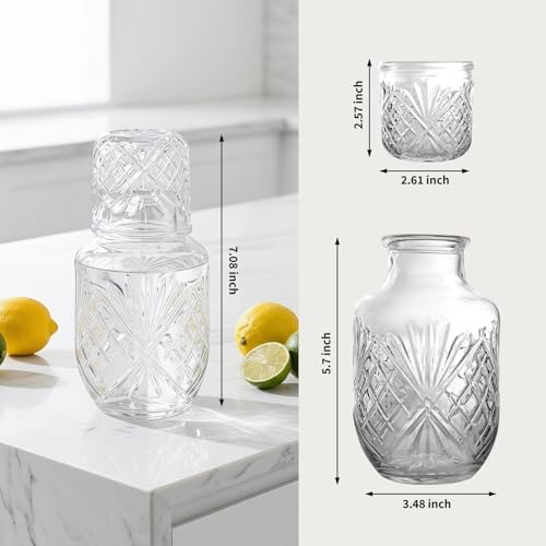 Bedside Water Carafe and Glass Set, Compact Glass Water Carafe with