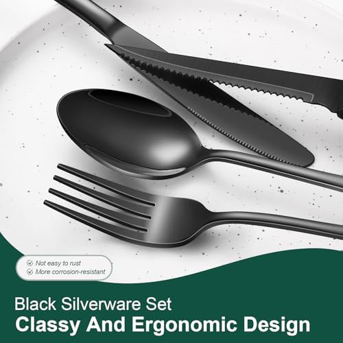 24-Piece Black Silverware Set with Steak Knives Black Stainless Steel