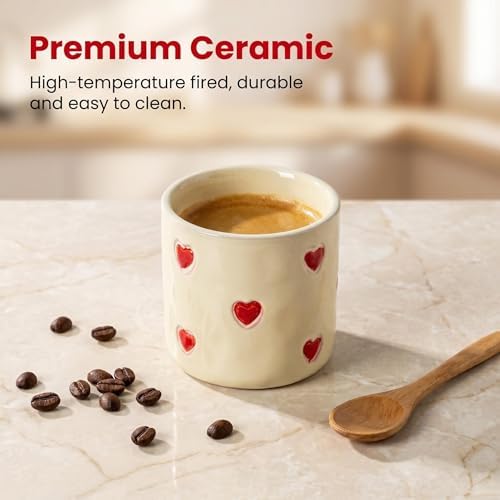 Espresso Cups Set of 4,5oz Ceramic Coffee Mugs with Red Heart Decor