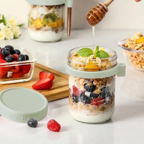 6 Pack Overnight Oats Containers with Lids and Spoons, 16 oz Glass
