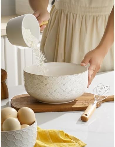 Mikiegy Ceramic Mixing Bowls Set of 4, Nesting Ceramic Embossment