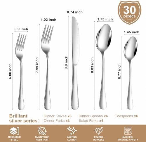 30-Piece Silverware Set for 6, Food Grade Stainless Steel Flatware