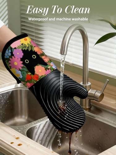 Slohif Long Silicone Oven Mitts, 2-Piece, Black Cat