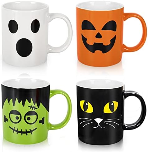Whaline 4Pcs Halloween Mug Set 12oz Pumpkin Cat Monster Ghost Holiday