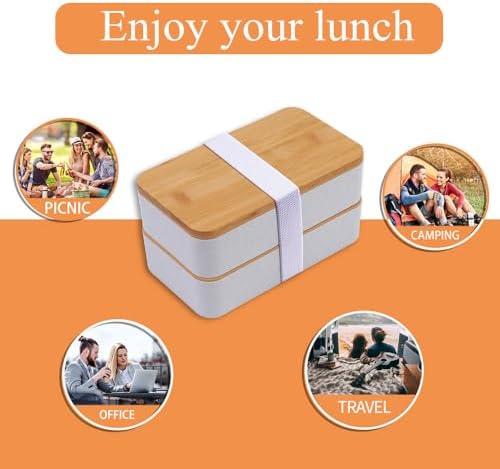 Japanese Bamboo Bento Box with Compartments and Utensils, Beige