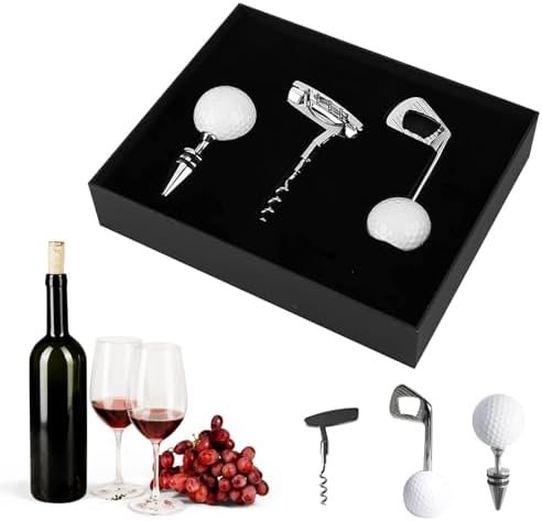 Golf Club Bottle Opener Set of 3, Zinc Alloy Wine Corkscrew & Stopper