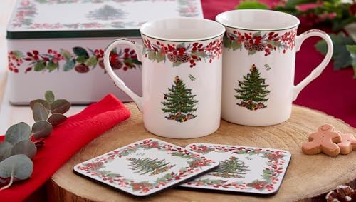 Spode Christmas Tree 5-Piece Mug & Tin Set - Porcelain Mugs & Cork
