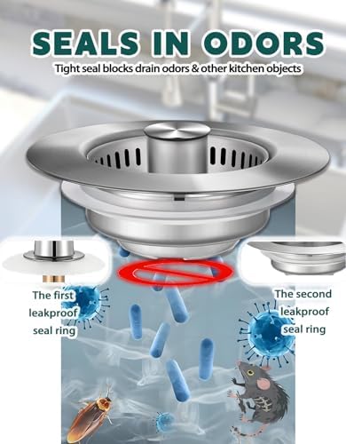 3 in 1 Kitchen Sink Drain Strainer 2 Pack - Stainless Steel Pop Up