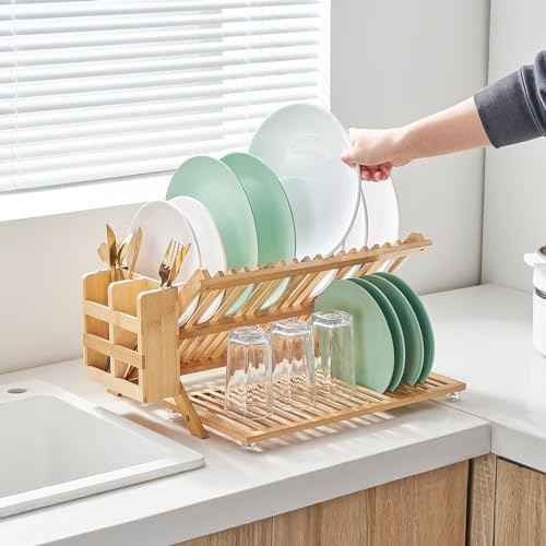 Bamboo 3-Tier Dish Drying Rack with Utensil Holder